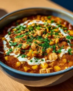 Delicious street corn chicken chili in a bowl with toppings