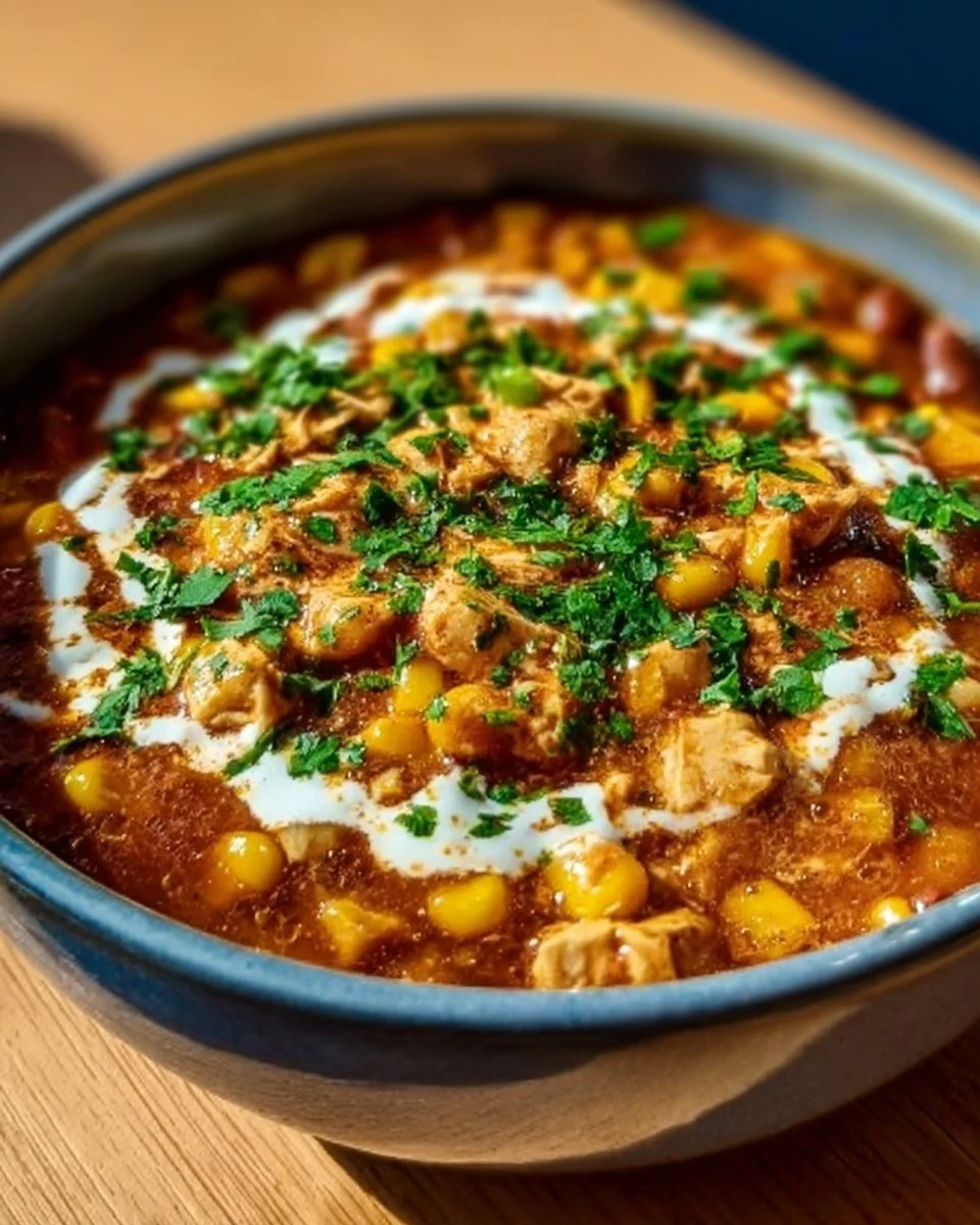 Delicious street corn chicken chili in a bowl with toppings