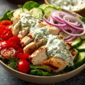 Delicious Tzatziki Chicken Salad with fresh vegetables and creamy sauce