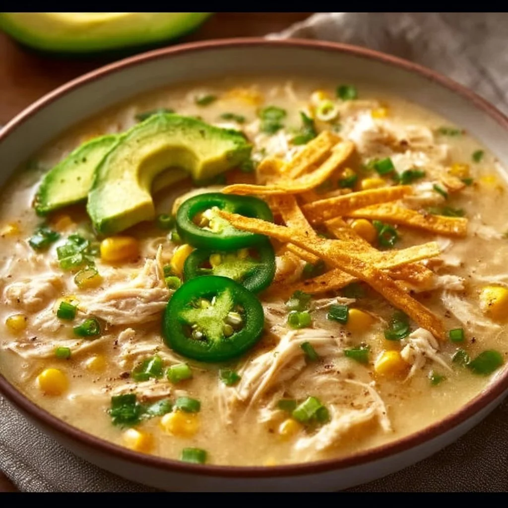 Delicious white chicken chili cooking in a crockpot, perfect for easy meals.