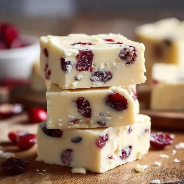 White chocolate cranberry fudge with a rich, creamy texture and festive appearance