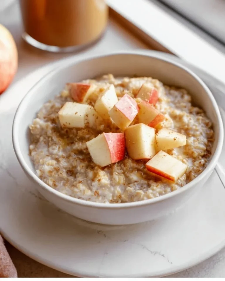 Bowl of Apple Steel Cut Oatmeal topped with fresh apple slices and cinnamon.