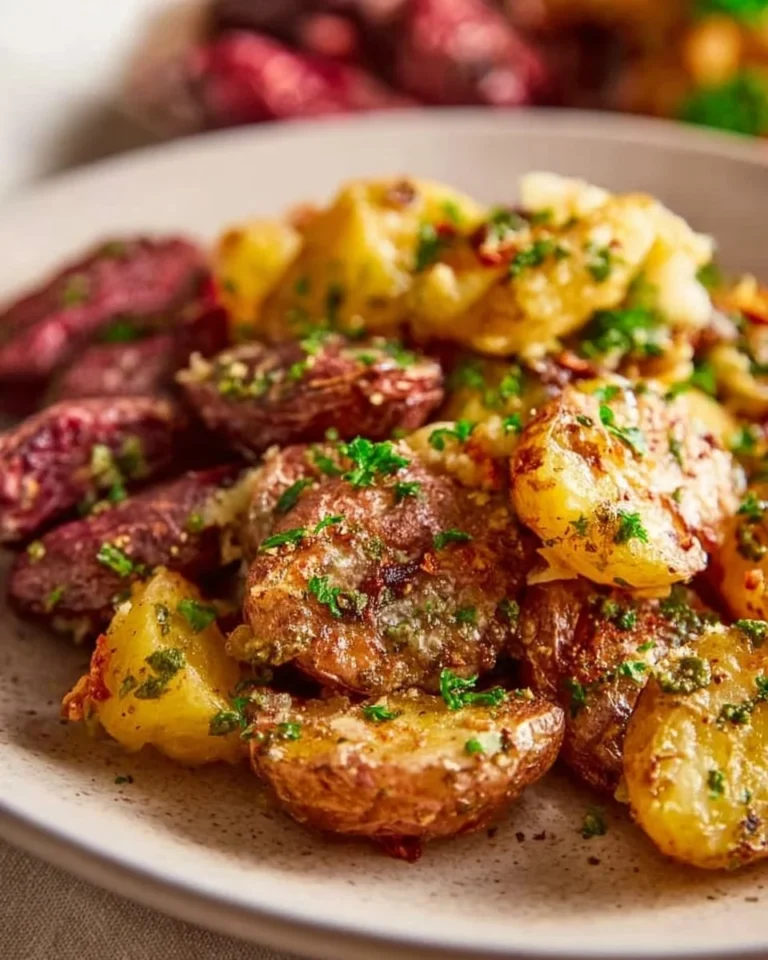 Baked smashed fingerling potatoes garnished with herbs
