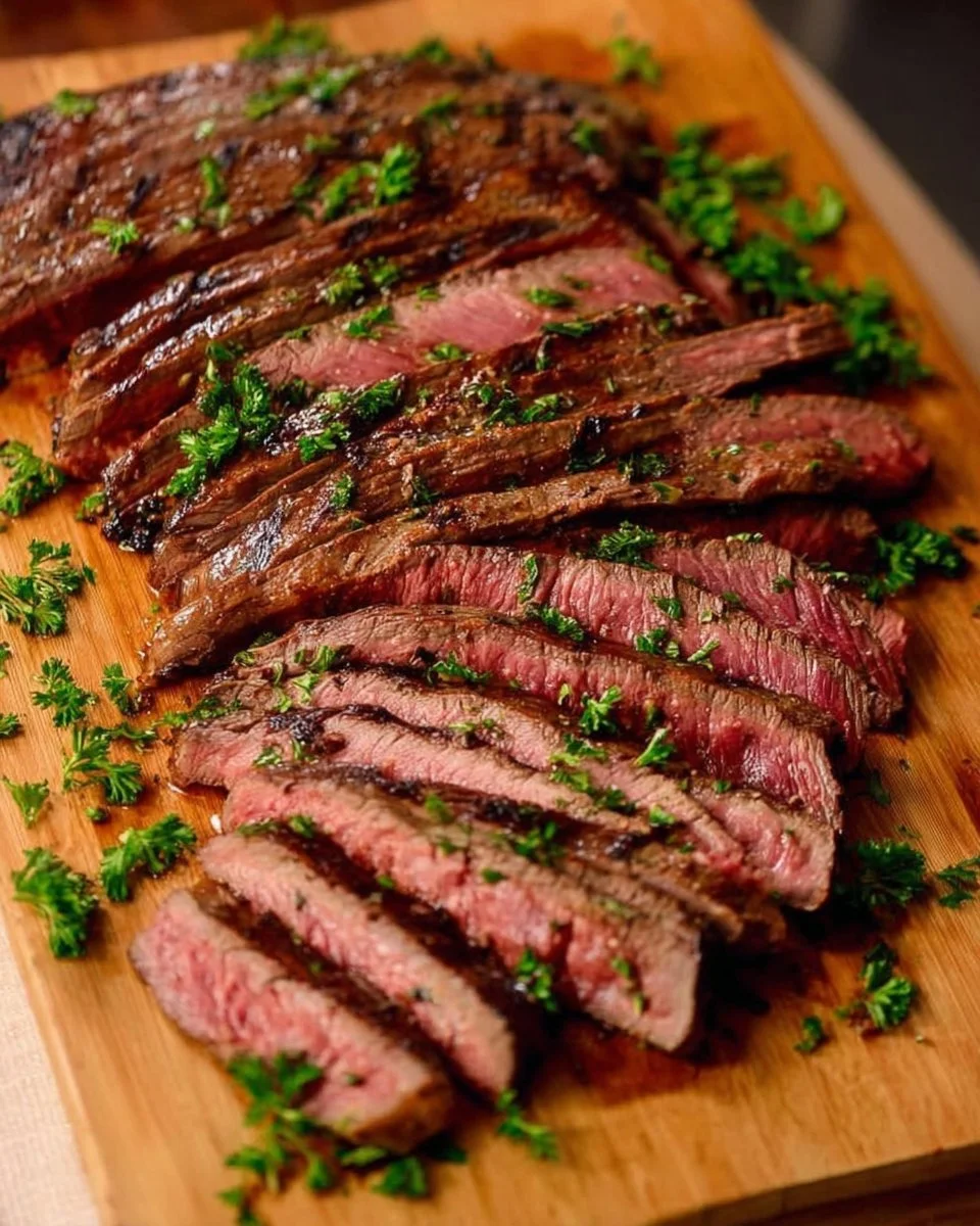 Deliciously grilled flank steak served with fresh herbs and vegetables.