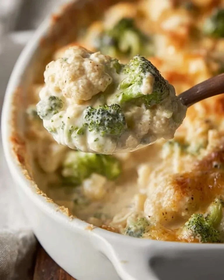 Delicious broccoli cauliflower casserole topped with cheese in a baking dish