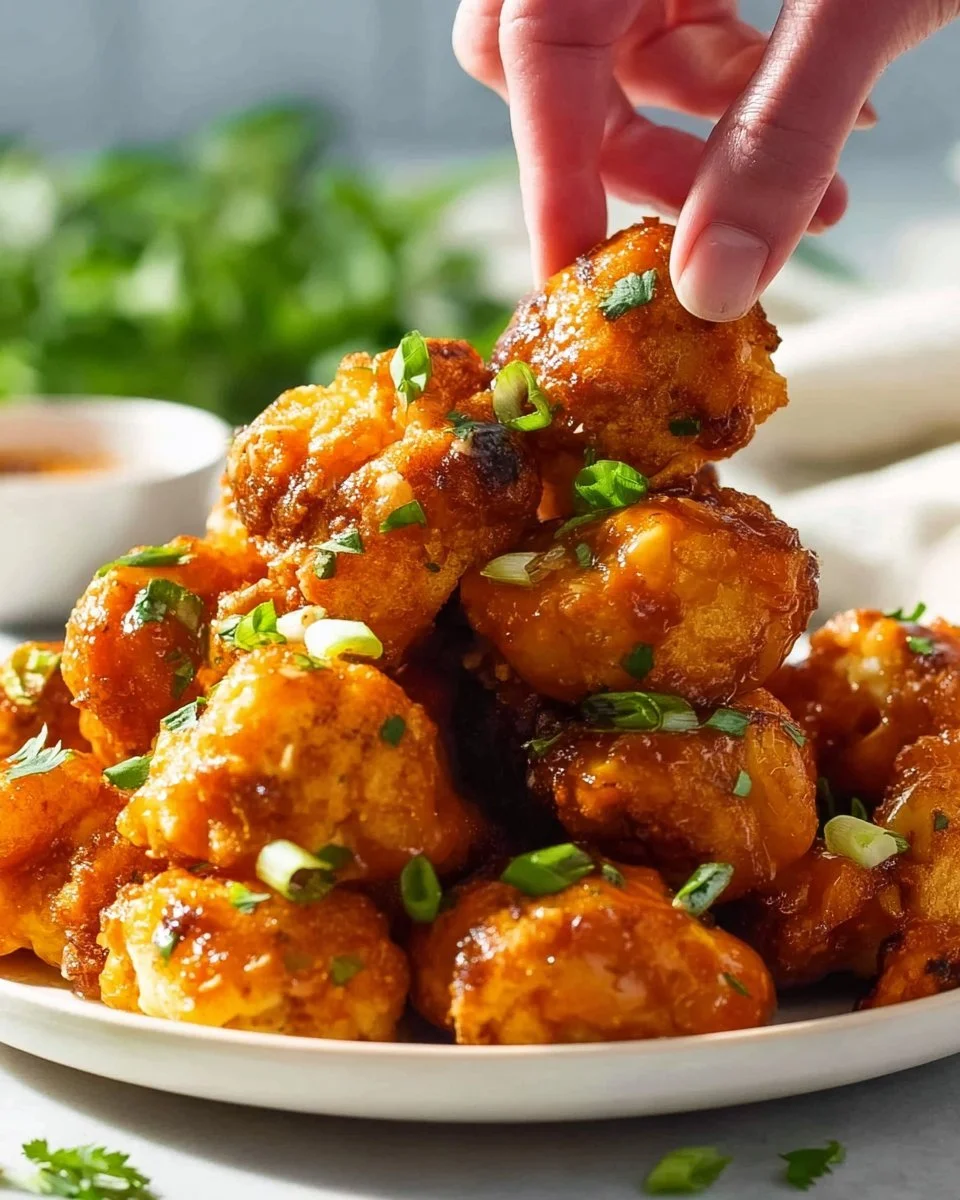 Plate of crispy Buffalo Cauliflower Bites garnished with celery and ranch dressing