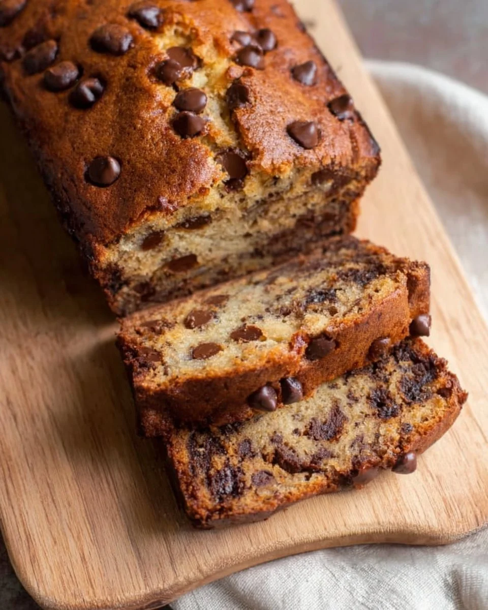 A slice of chocolate chip banana bread on a wooden cutting board