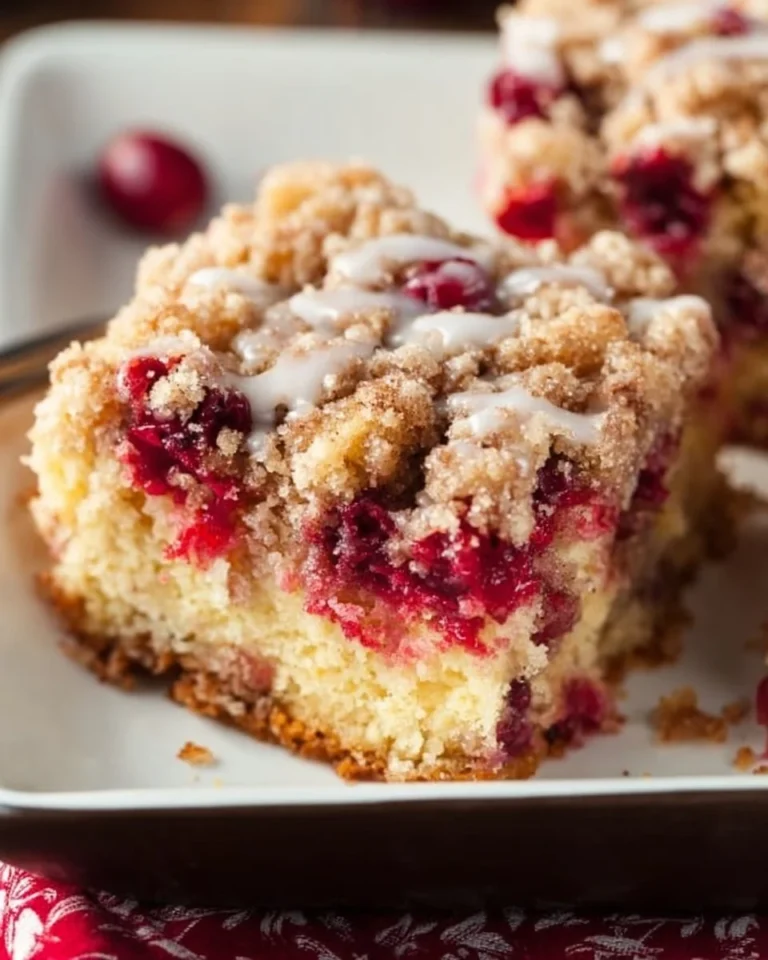 Delicious cranberry crumb cake topped with crunchy crumbs on a white plate