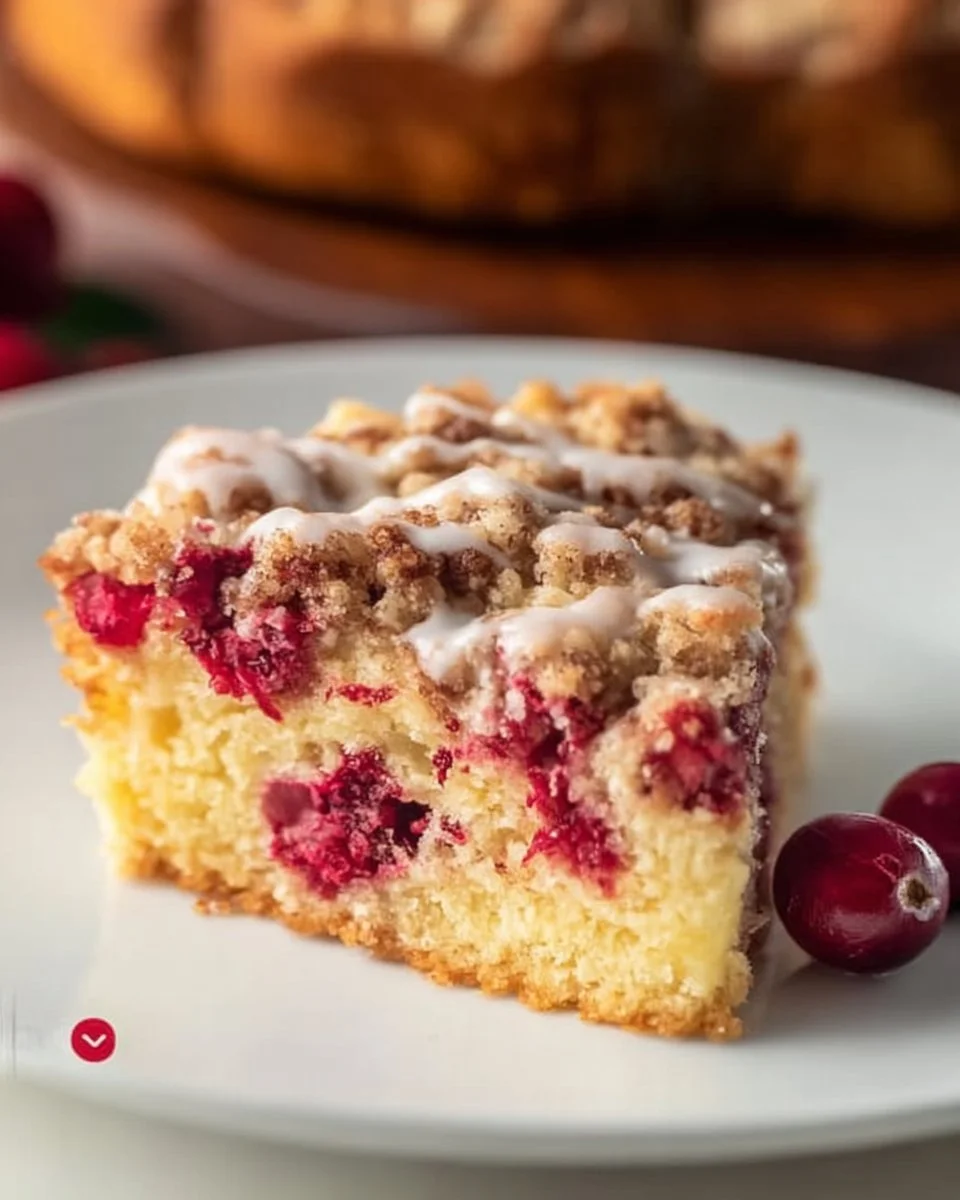 Delicious cranberry crumb cake with a buttery topping and fresh cranberries.