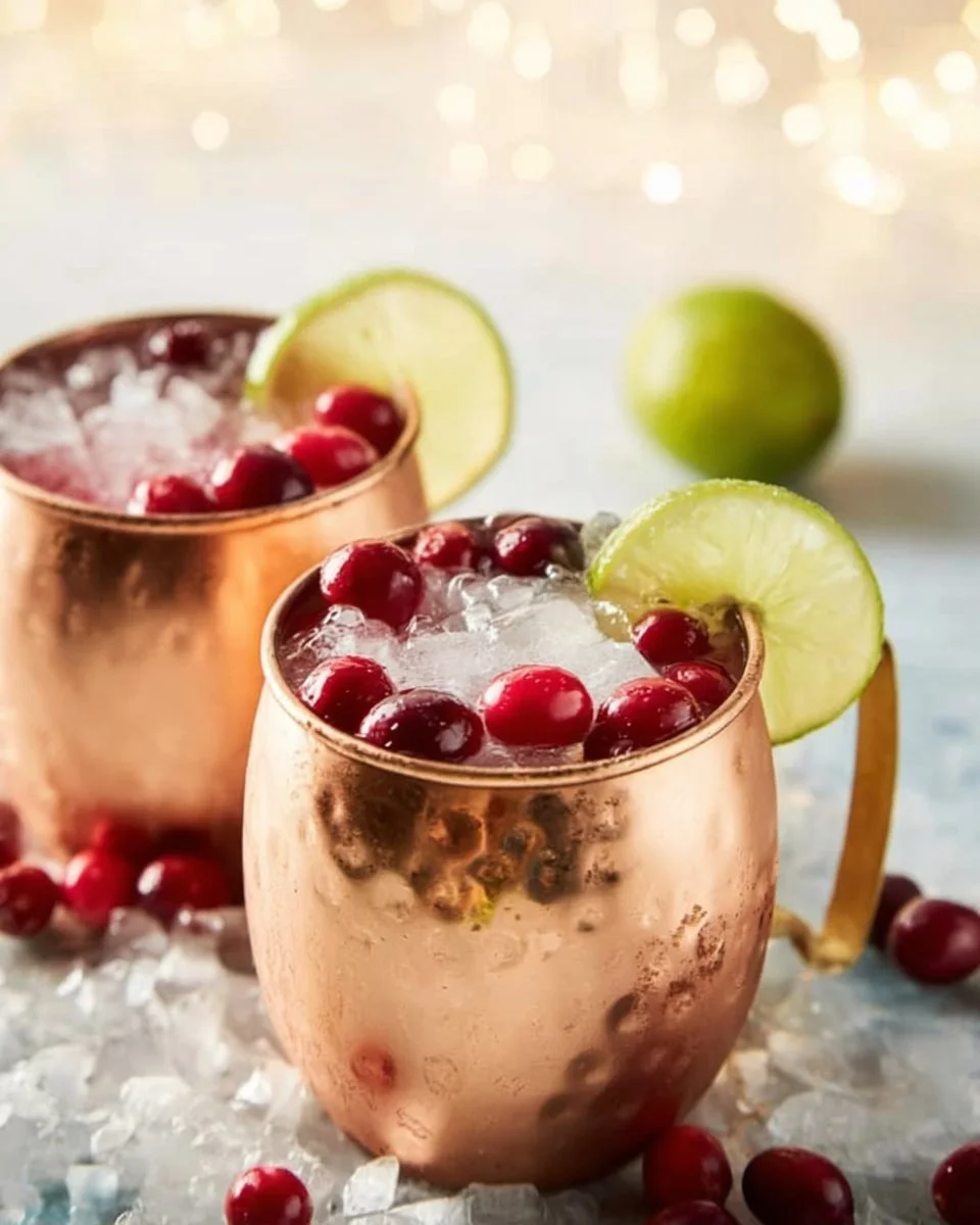 Cranberry Moscow Mule cocktail in a copper mug with fresh cranberries and lime.