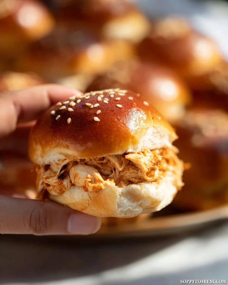 Creamy chipotle chicken sliders on a wooden serving board.