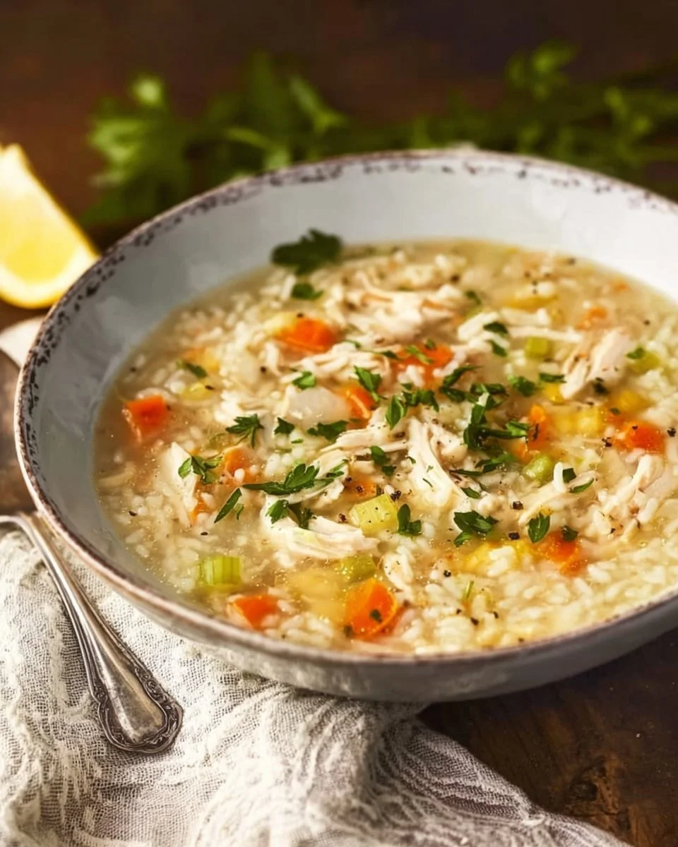 Bowl of Greek turkey rice soup garnished with herbs and lemon slices