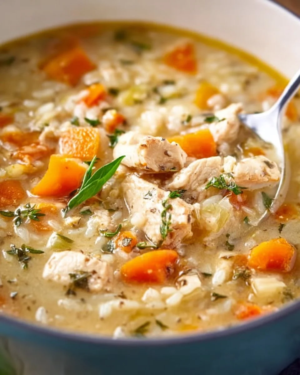 A bowl of Greek Turkey Soup garnished with fresh herbs and lemon slices.