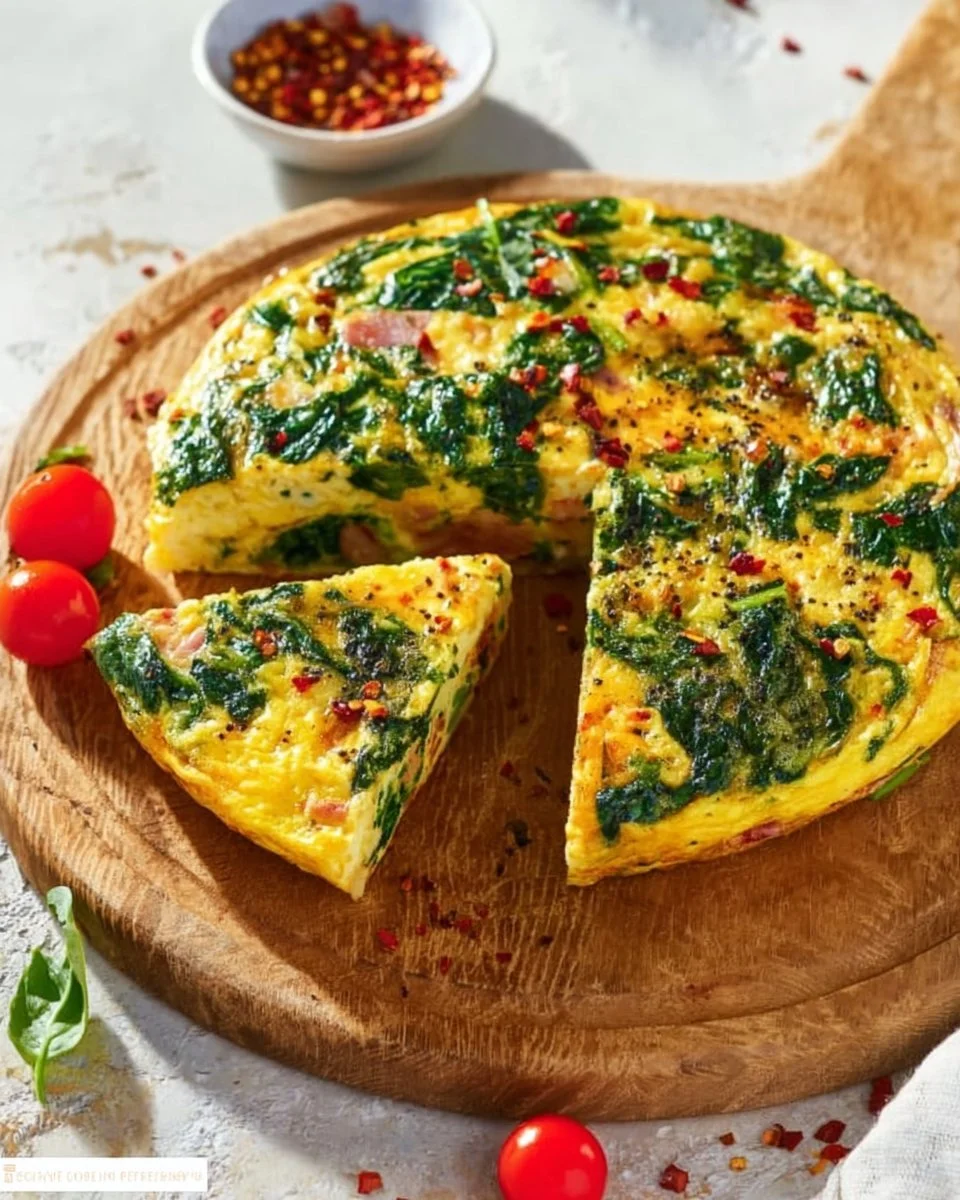 Delicious Ham and Spinach Frittata served on a plate with fresh herbs