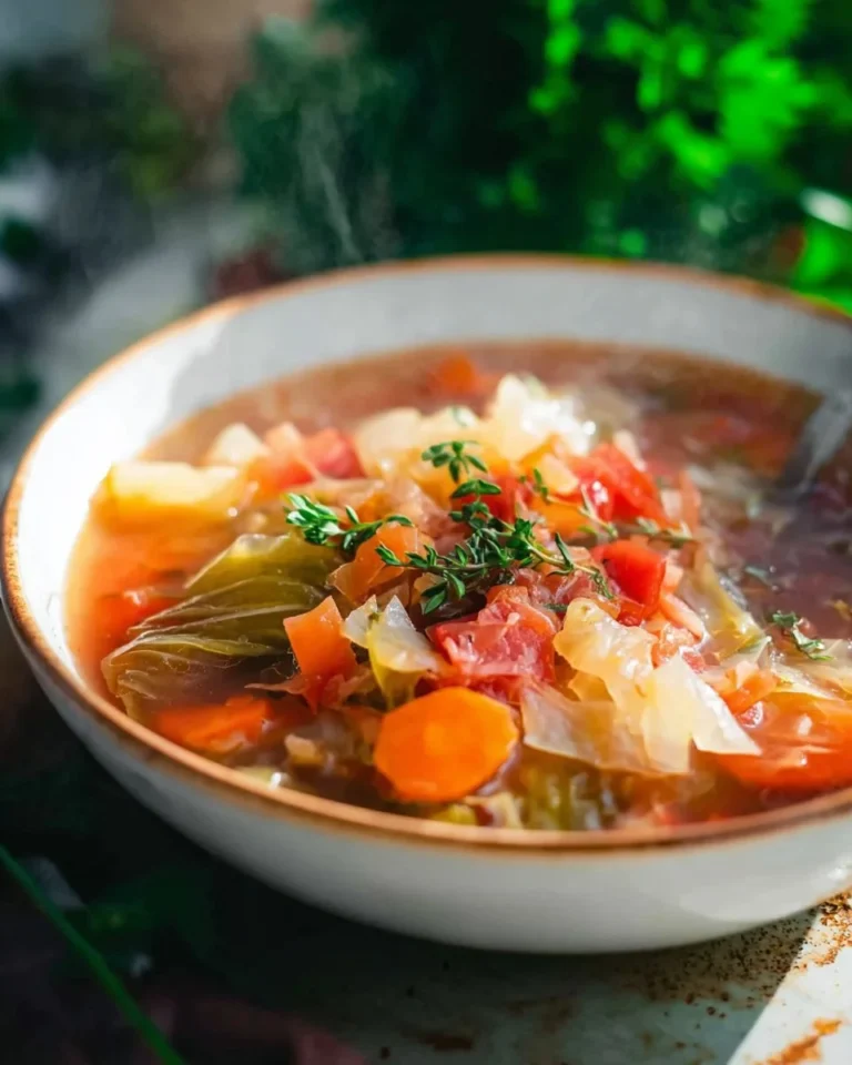 Bowl of healthy cabbage soup with fresh ingredients and herbs