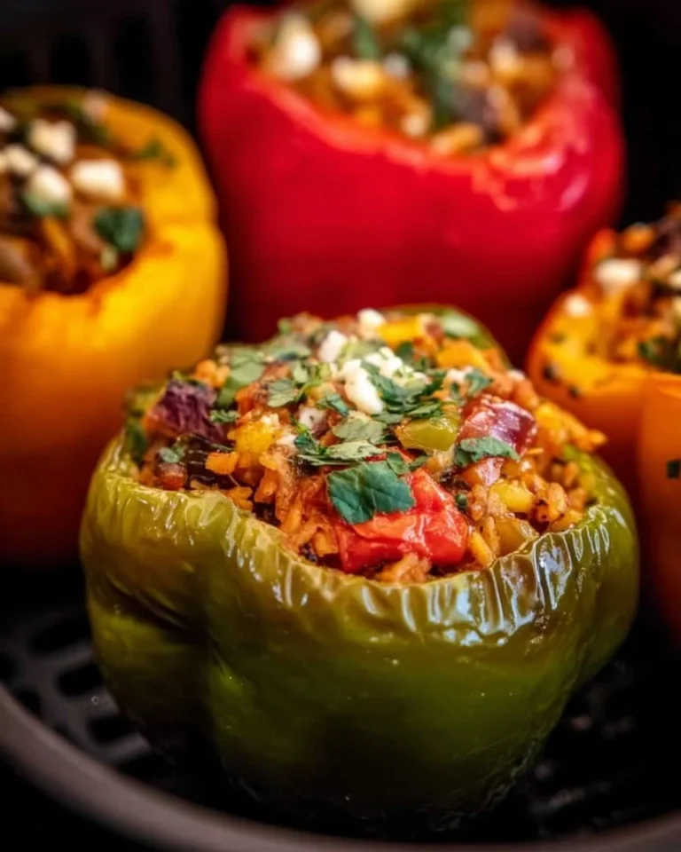 Healthy Greek Stuffed Peppers filled with fresh vegetables and grilled chicken.