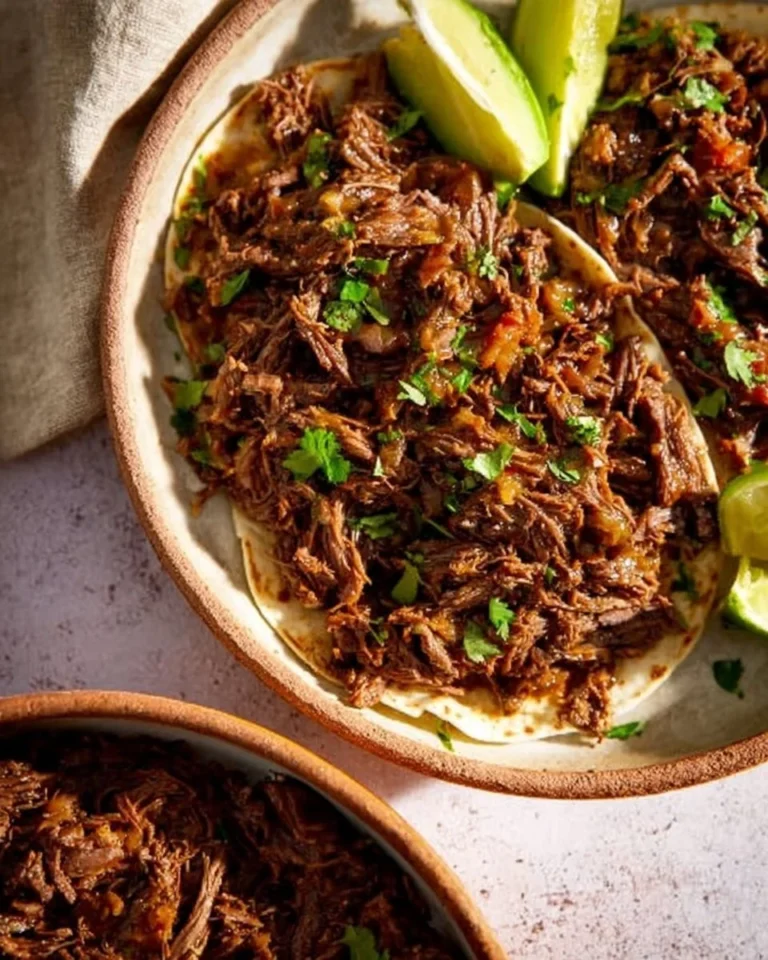 Delicious Instant Pot shredded beef in a bowl, garnished with fresh herbs.