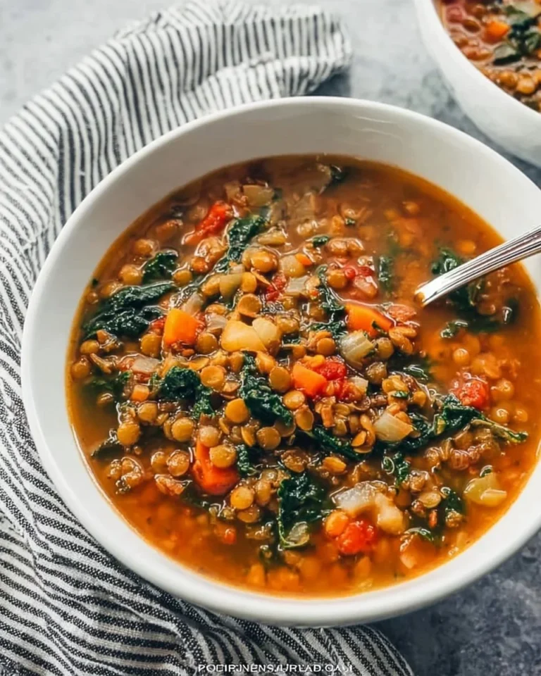 Bowl of Lentil and Kale Soup garnished with herbs