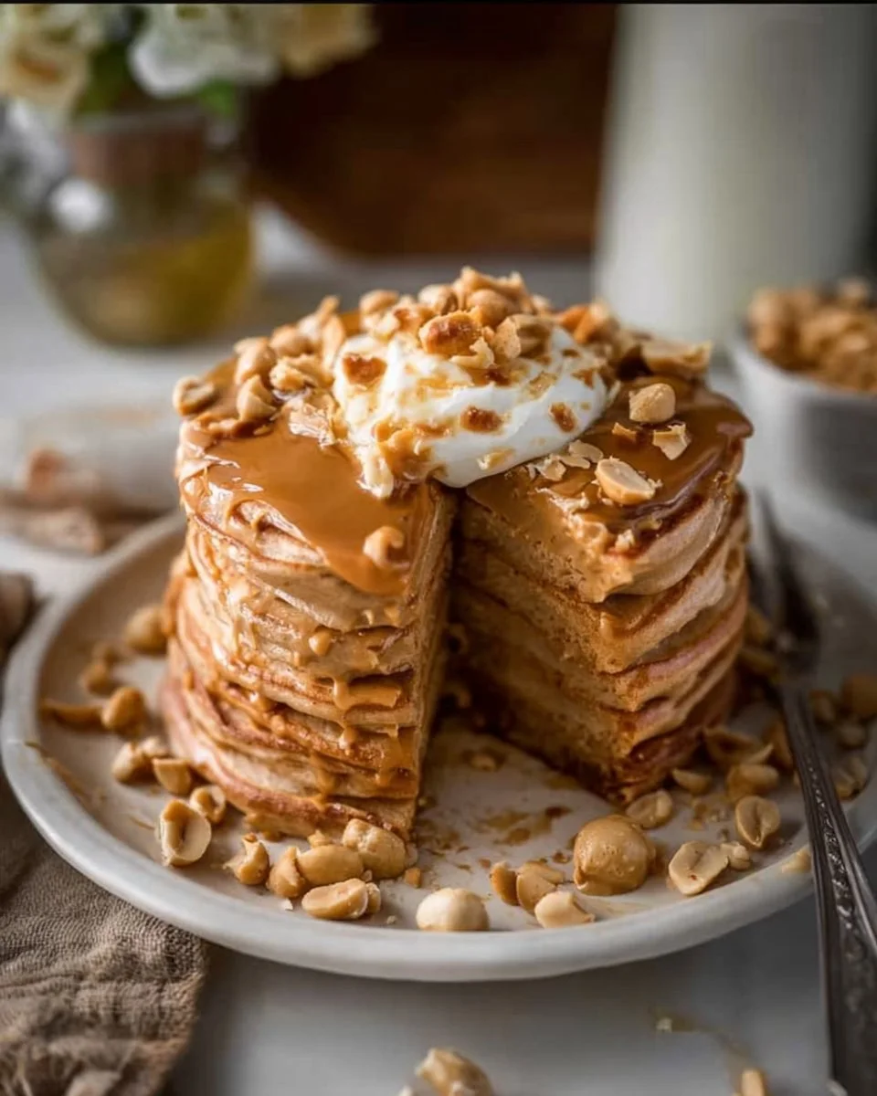 Delicious Maple Peanut Butter Pancakes topped with maple syrup and peanuts