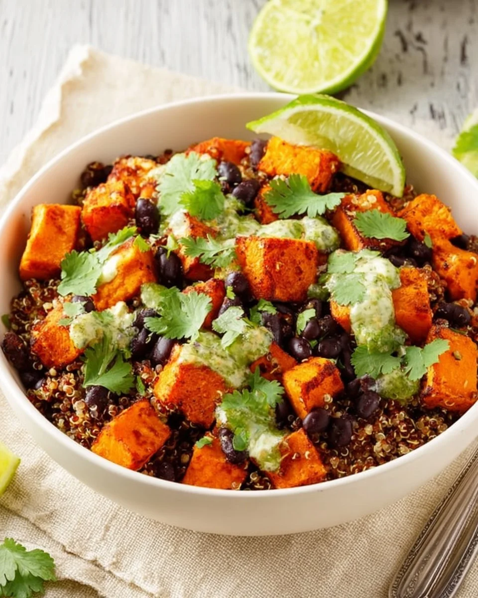Quinoa and sweet potato bowl topped with fresh herbs and spices
