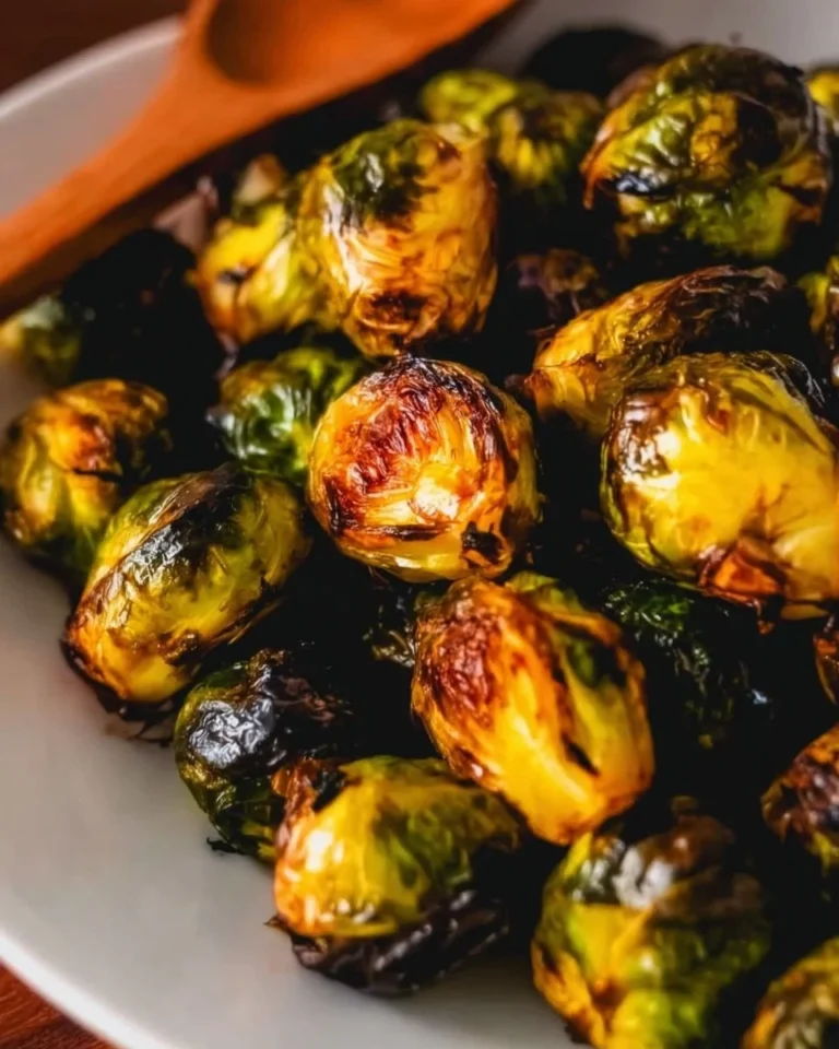 Dish of roasted Brussels sprouts drizzled with balsamic glaze on a plate