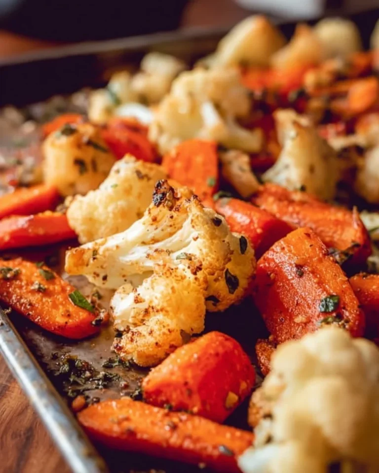 Delicious roasted carrots and cauliflower on a baking tray, seasoned and ready to serve.