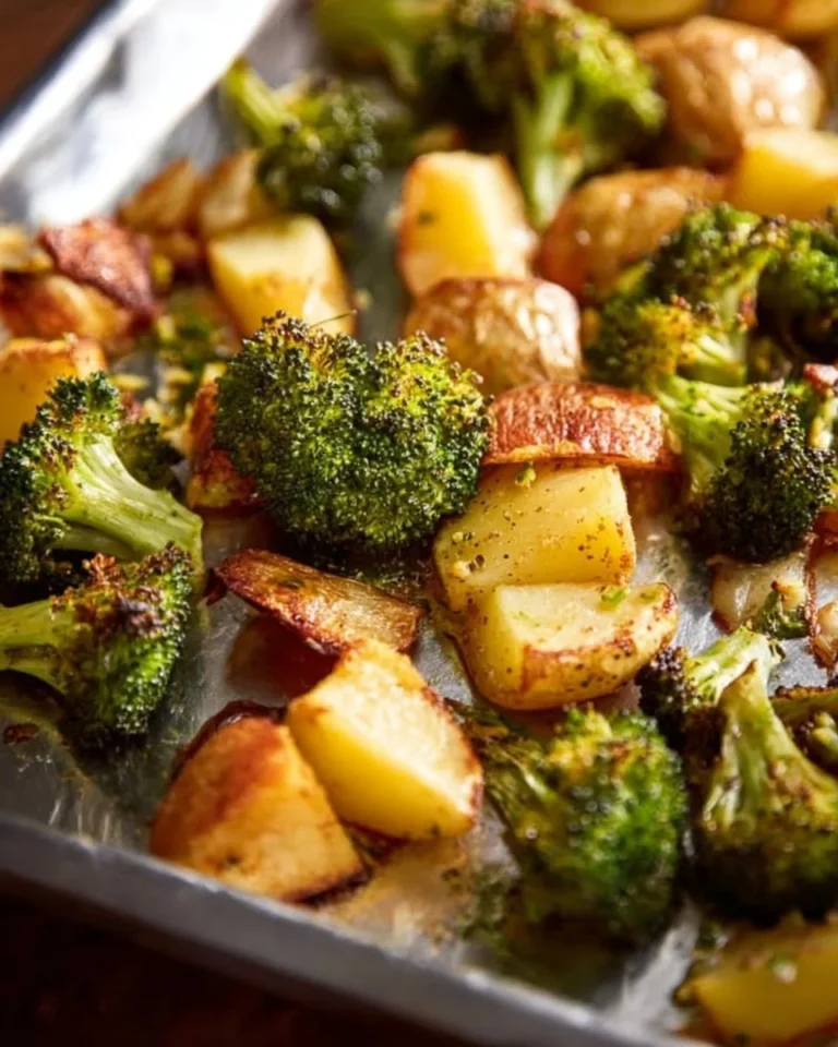 Delicious roasted potatoes and broccoli served on a plate.