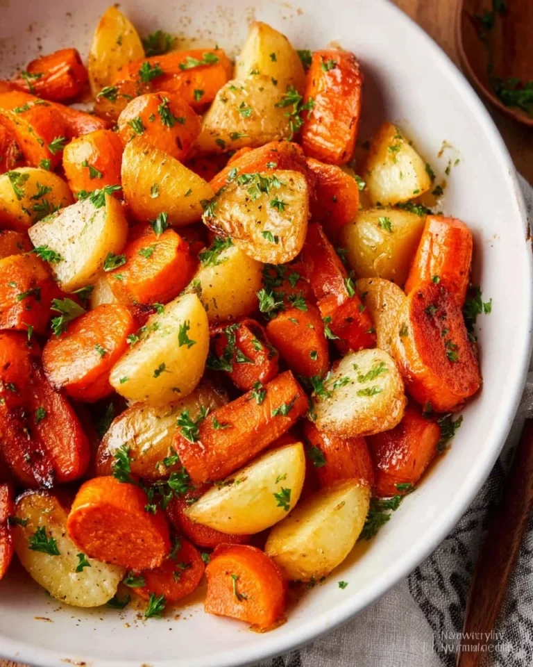 Delicious roasted turnips and carrots served in a colorful dish