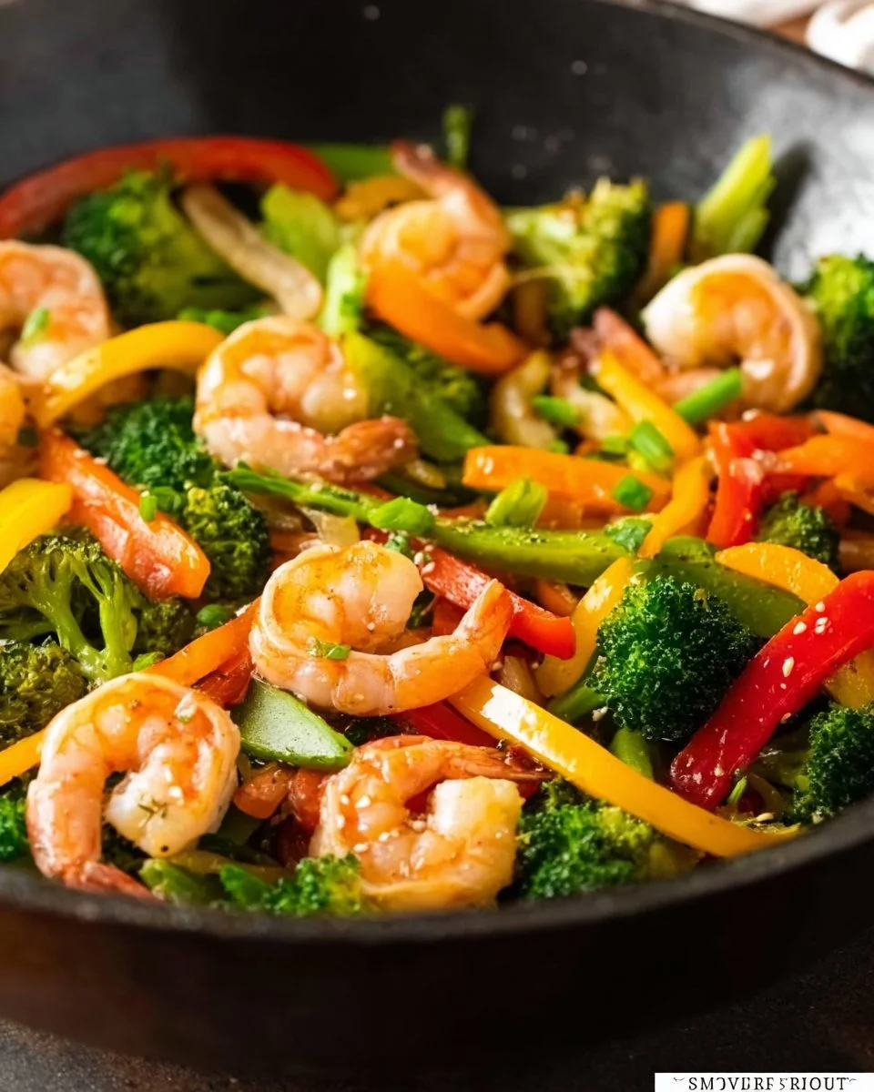 Colorful shrimp stir fry with fresh vegetables in a skillet