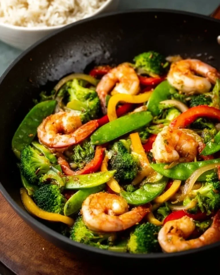 Colorful shrimp and vegetable stir fry dish served in a bowl