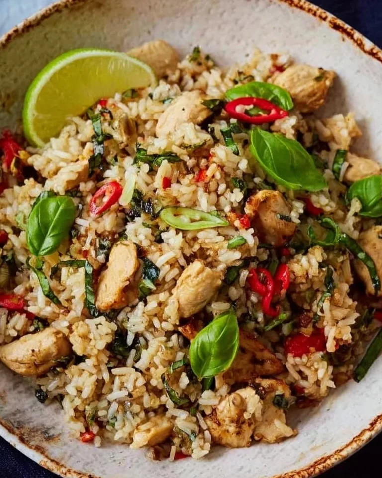Delicious plate of Thai Basil Fried Rice garnished with fresh basil